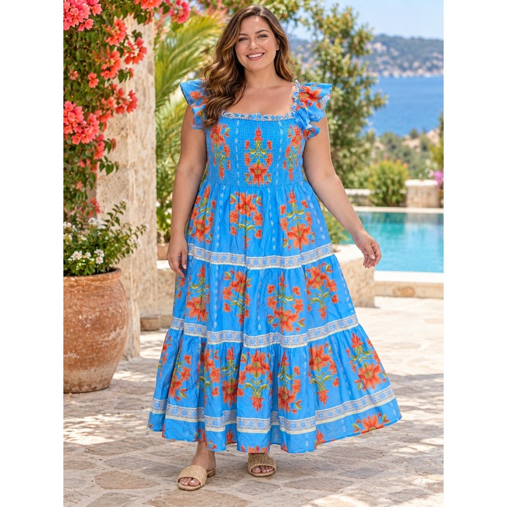 k290. Boho Chic Soul Blue Floral Smocked Tiered Dress Ruffle Cottagecore